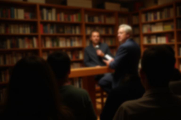 Un autore che parla a un pubblico attento durante un evento in libreria.