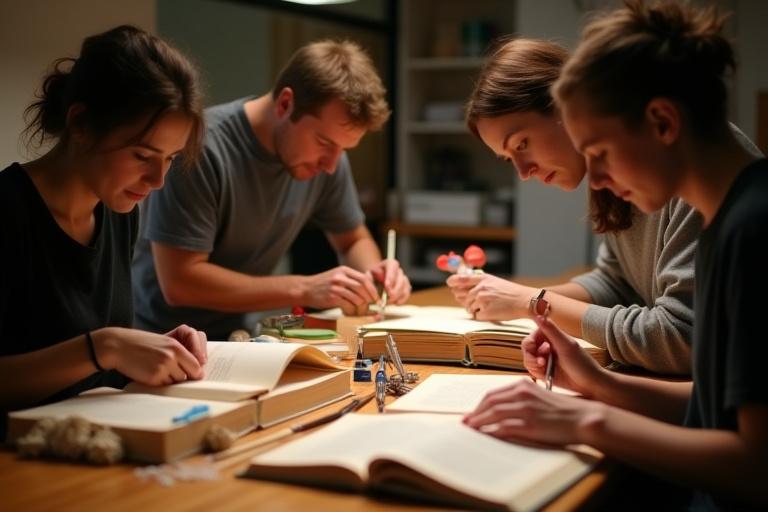 Partecipanti a un workshop pratico di legatoria.